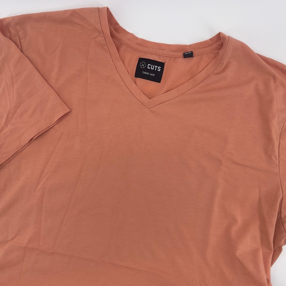 CUTS Curve-Hem V-Neck T-Shirt Coral Cotton Basic Casual Streetwear XXL‎